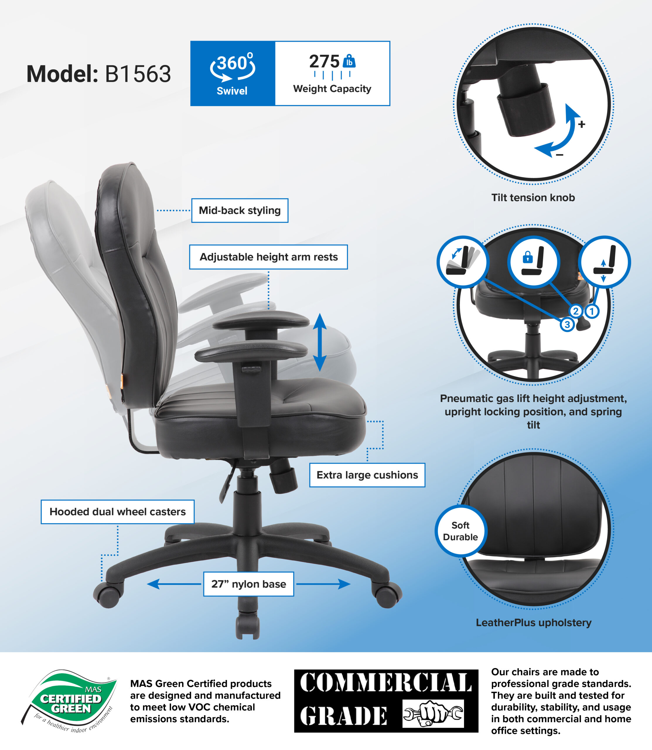 Boss Black Leather Task BossChair Adjustable – Chair W/ Arm
