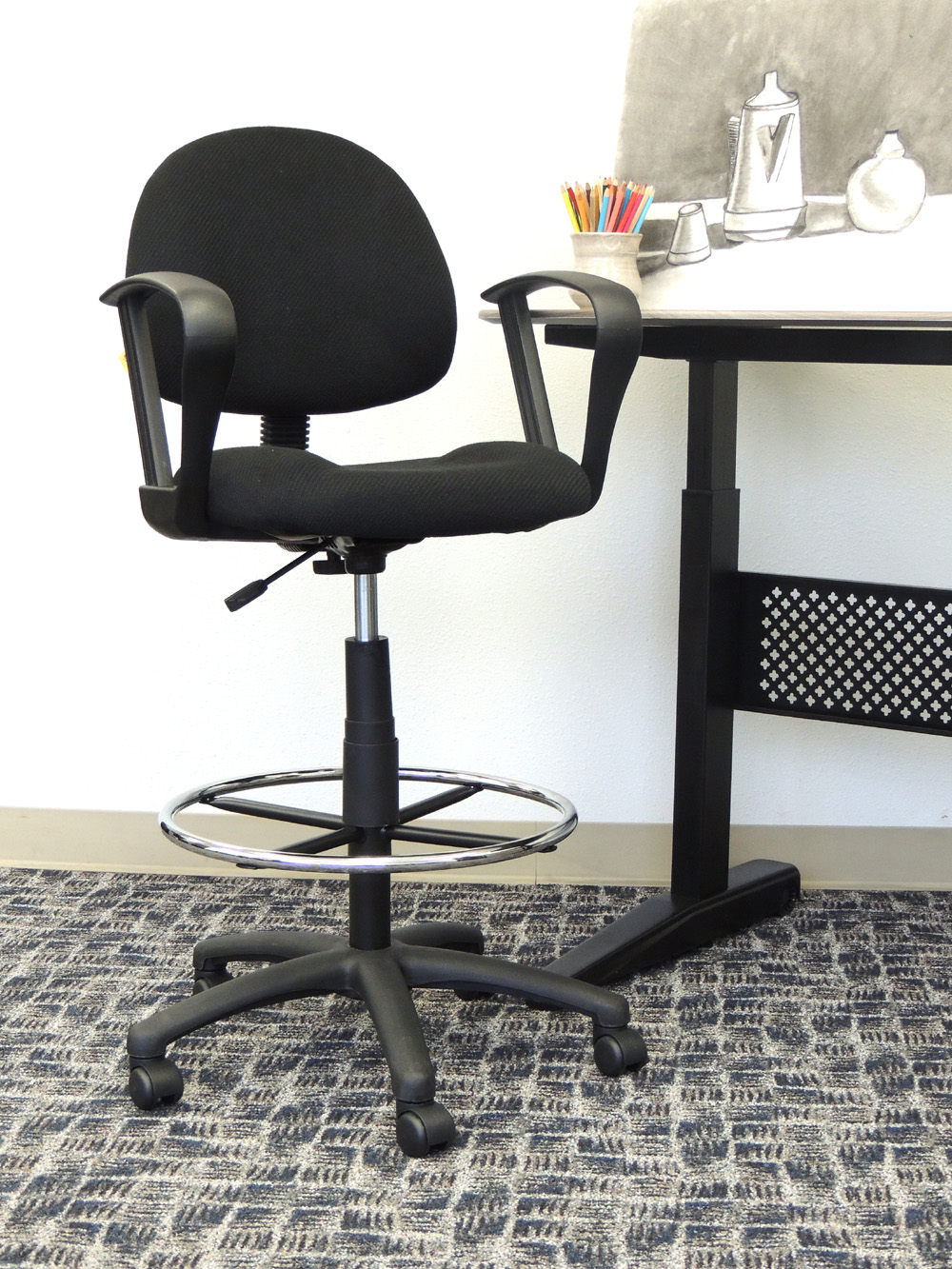 Boss Office Products Ergonomic Works Adustable Drafting Chair with Loop Arms and Removable Foot Rest Black 