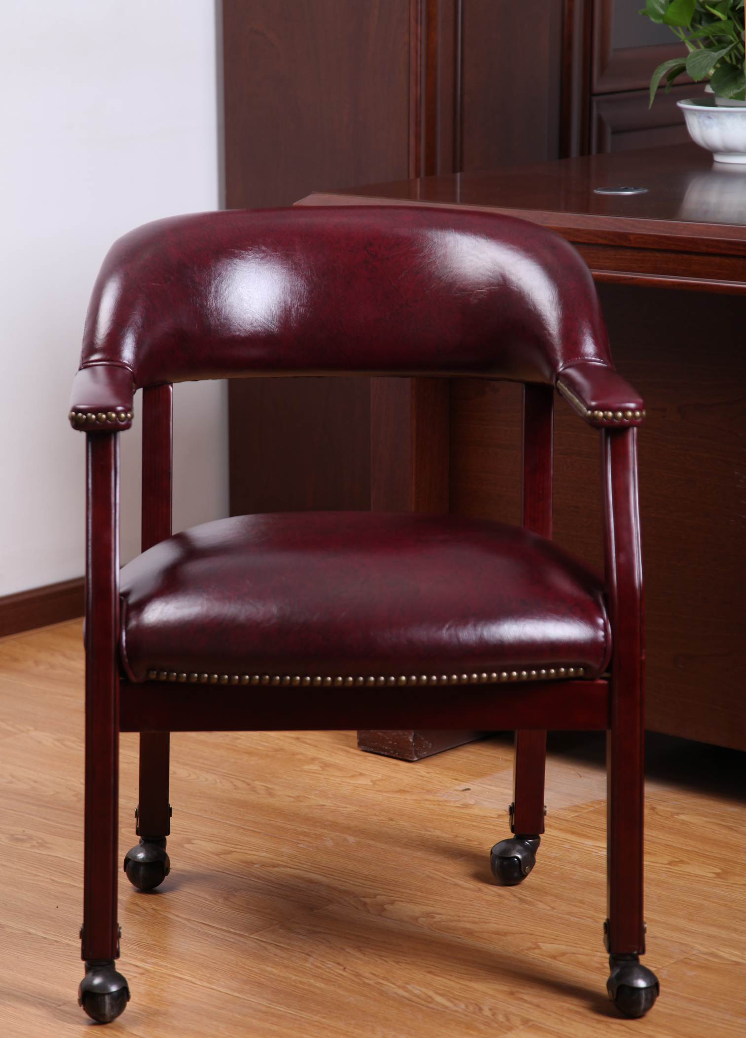 Dining Chair In Burdy Vinyl, Leather Dining Chairs With Casters